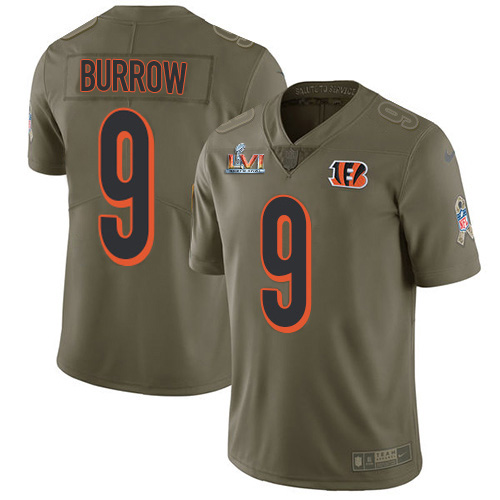 Bengals #9 Joe Burrow Olive Super Bowl LVI Patch Men's Stitched Limited 2017 Salute To Service Jersey cheap jerseys for sale - CheapJerseys.Shop