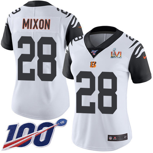 Bengals #28 Joe Mixon White Super Bowl LVI Patch Women's Stitched Limited Rush 100th Season Jersey cheap jerseys for sale - CheapJerseys.Shop