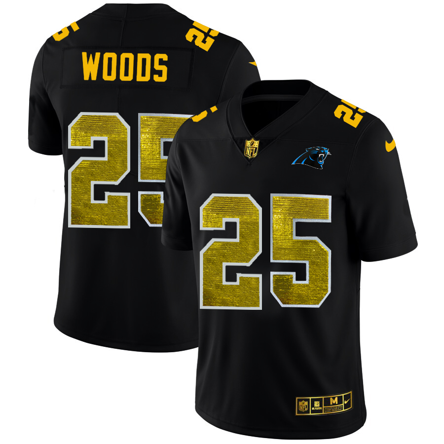 Carolina Panthers #25 Xavier Woods Men's Black Golden Sequin Vapor Limited Jersey cheap jerseys for sale - CheapJerseys.Shop