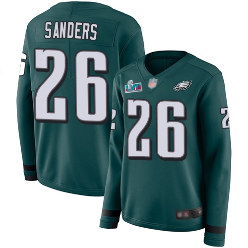Eagles #26 Miles Sanders Green Super Bowl LVII Patch Team Color Women's Stitched Limited Therma Long Sleeve Jersey cheap jerseys for sale - CheapJerseys.Shop