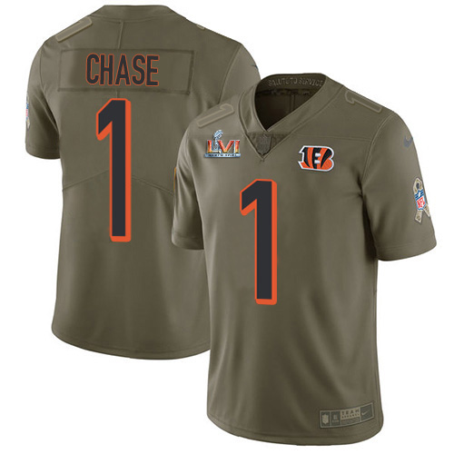 Bengals #1 Ja'Marr Chase Olive Super Bowl LVI Patch Men's Stitched Limited 2017 Salute To Service Jersey cheap jerseys for sale - CheapJerseys.Shop