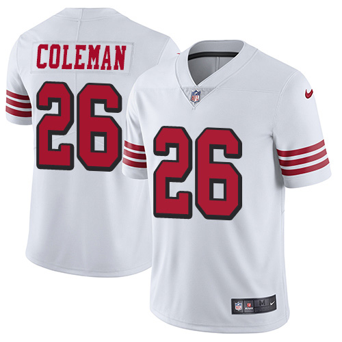 San Francisco 49ers #26 Tevin Coleman White Rush Men's Stitched Vapor Untouchable Limited Jersey Men's cheap jerseys for sale - CheapJerseys.Shop
