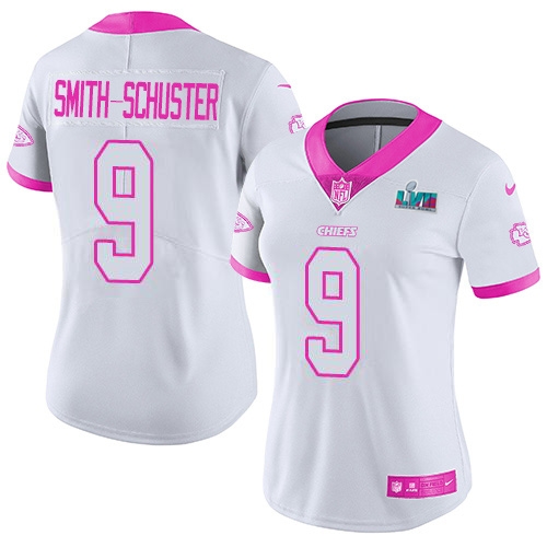Chiefs #9 JuJu Smith-Schuster White/Pink Super Bowl LVII Patch Women's Stitched Limited Rush Fashion Jersey cheap jerseys for sale - CheapJerseys.Shop