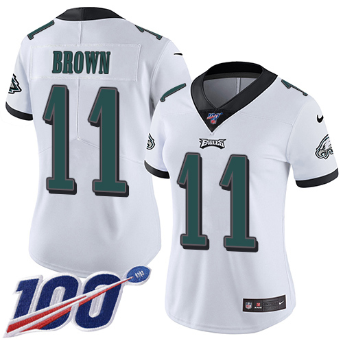 Eagles #11 A.J. Brown White Women's Stitched 100th Season Vapor Untouchable Limited Jersey cheap jerseys for sale - CheapJerseys.Shop