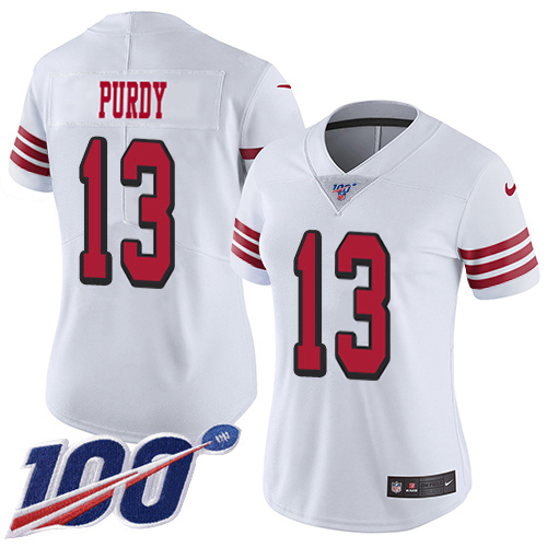 49ers #13 Brock Purdy White Rush Women's Stitched Limited 100th Season Jersey cheap jerseys for sale - CheapJerseys.Shop