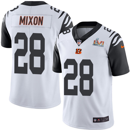Bengals #28 Joe Mixon White Super Bowl LVI Patch Youth Stitched Limited Rush Jersey cheap jerseys for sale - CheapJerseys.Shop