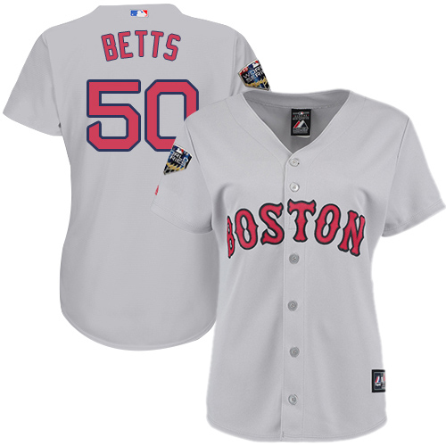 Boston Red Sox #50 Mookie Betts Grey Road 2018 World Series Women's Stitched Jersey Womens cheap jerseys for sale - CheapJerseys.Shop