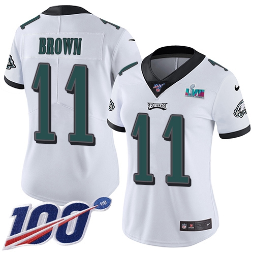 Eagles #11 A.J. Brown White Super Bowl LVII Patch Women's Stitched 100th Season Vapor Untouchable Limited Jersey cheap jerseys for sale - CheapJerseys.Shop