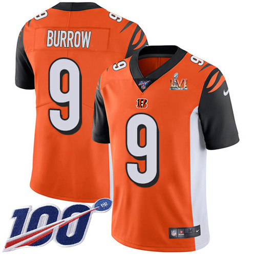 Bengals #9 Joe Burrow Orange Super Bowl LVI Patch Alternate Men's Stitched 100th Season Vapor Limited Jersey cheap jerseys for sale - CheapJerseys.Shop