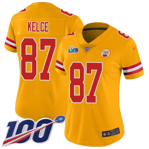 Chiefs #87 Travis Kelce Gold Super Bowl LVII Patch Women's Stitched Limited Inverted Legend 100th Season Jersey cheap jerseys for sale - CheapJerseys.Shop