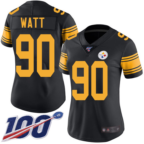 Steelers #90 T. J. Watt Black Women's Stitched Limited Rush 100th Season Jersey cheap jerseys for sale - CheapJerseys.Shop