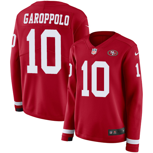 49ers #10 Jimmy Garoppolo Red Team Color Women's Stitched Limited Therma Long Sleeve Jersey cheap jerseys for sale - CheapJerseys.Shop