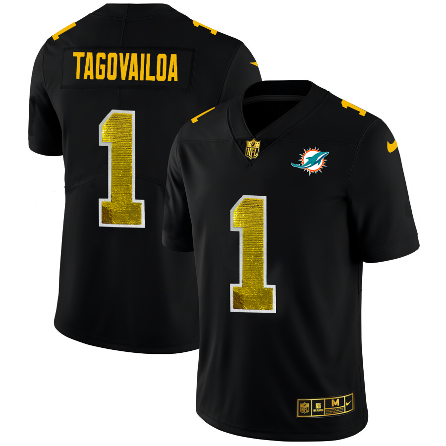 Miami Dolphins #1 Tua Tagovailoa Men's Black Golden Sequin Vapor Limited Jersey cheap jerseys for sale - CheapJerseys.Shop