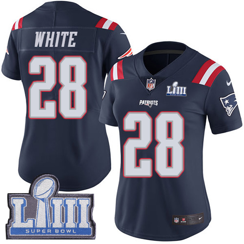 New England Patriots #28 James White Navy Blue Super Bowl LIII Bound Women's Stitched Limited Rush Jersey Womens cheap jerseys for sale - CheapJerseys.Shop