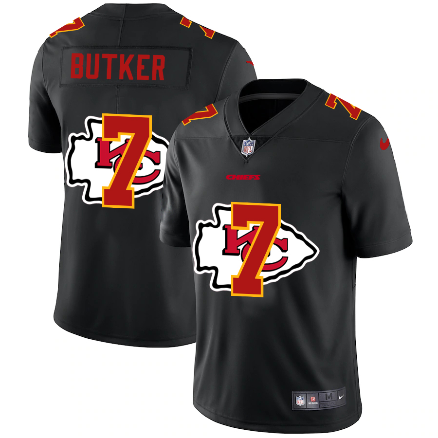 Kansas City Chiefs #7 Harrison Butker Men's Team Logo Dual Overlap Limited Jersey Black cheap jerseys for sale - CheapJerseys.Shop
