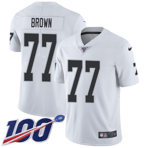 Las Vegas Raiders #77 Trent Brown White Men's Stitched 100th Season Vapor Untouchable Limited Jersey Men's cheap jerseys for sale - CheapJerseys.Shop