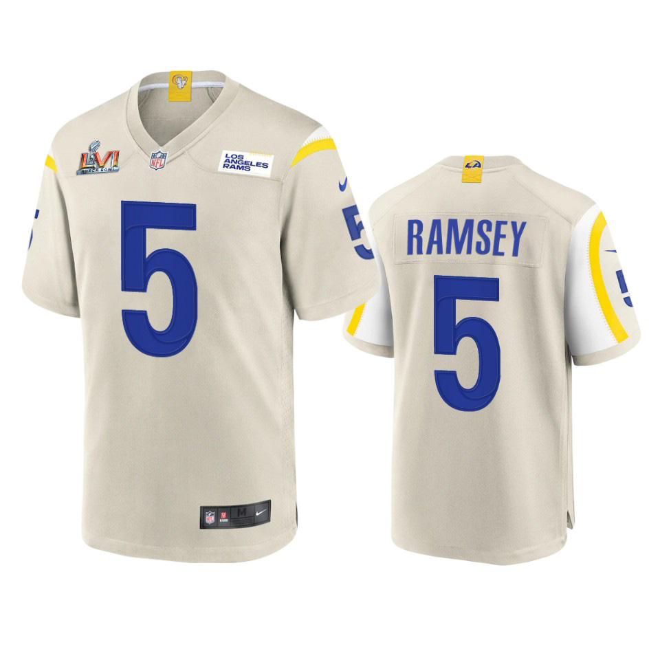 Los Angeles Rams #5 Jalen Ramsey Men's Super Bowl LVI Patch Game Jersey - Bone cheap jerseys for sale - CheapJerseys.Shop