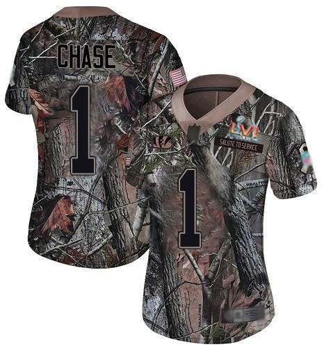 Bengals #1 Ja'Marr Chase Camo Super Bowl LVI Patch Women's Stitched Limited Rush Realtree Jersey cheap jerseys for sale - CheapJerseys.Shop