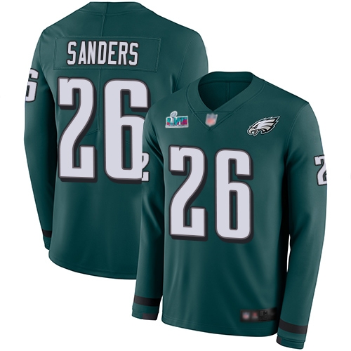 Eagles #26 Miles Sanders Green Super Bowl LVII Patch Team Color Men's Stitched Limited Therma Long Sleeve Jersey cheap jerseys for sale - CheapJerseys.Shop