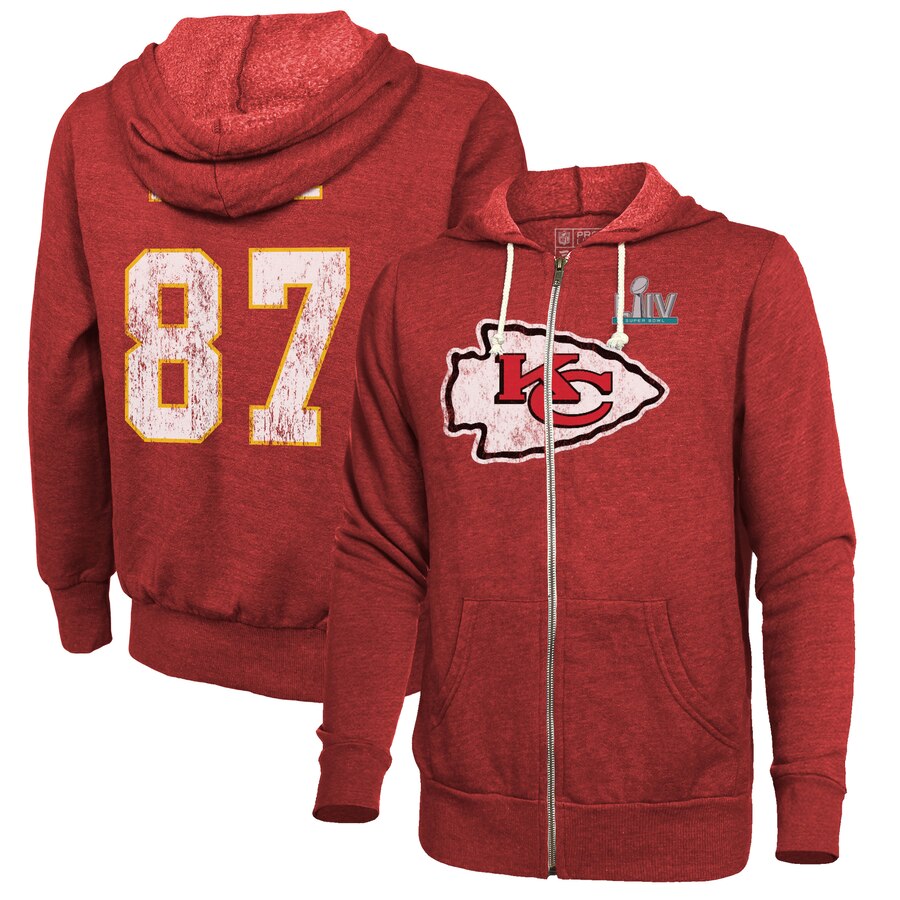 Men's Kansas City Chiefs #87 Travis Kelce Red Super Bowl LIV Bound Player Name & Number Full-Zip Hoodie cheap jerseys for sale - CheapJerseys.Shop