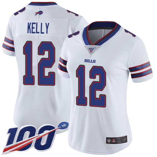 Bills #12 Jim Kelly White Women's Stitched 100th Season Vapor Limited Jersey cheap jerseys for sale - CheapJerseys.Shop