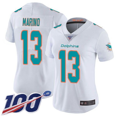 Dolphins #13 Dan Marino White Women's Stitched 100th Season Vapor Limited Jersey cheap jerseys for sale - CheapJerseys.Shop