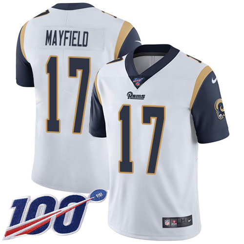 Rams #17 Baker Mayfield White Men's Stitched 100th Season Vapor Limited Jersey cheap jerseys for sale - CheapJerseys.Shop