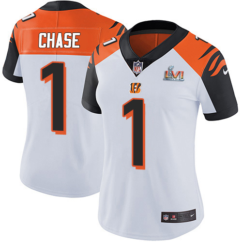 Bengals #1 Ja'Marr Chase White Super Bowl LVI Patch Women's Stitched Vapor Untouchable Limited Jersey cheap jerseys for sale - CheapJerseys.Shop
