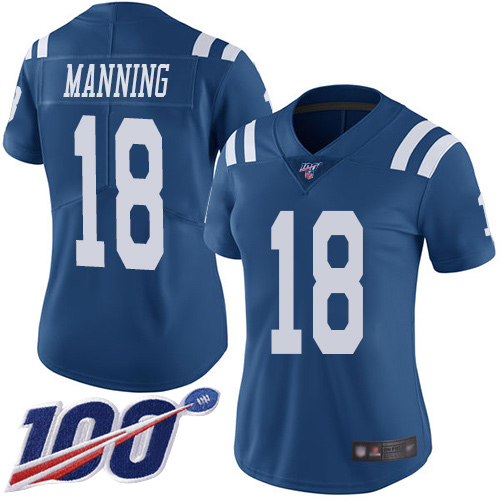 Indianapolis Colts #18 Peyton Manning Royal Blue Women's Stitched Limited Rush 100th Season Jersey Womens cheap jerseys for sale - CheapJerseys.Shop
