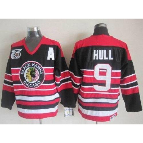 Chicago Blackhawks #9 Bobby Hull Red/Black 75TH CCM Stitched Jersey Men's cheap jerseys for sale - CheapJerseys.Shop