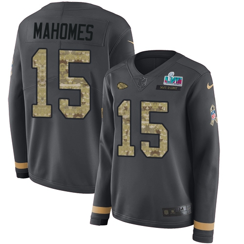 Chiefs #15 Patrick Mahomes Anthracite Super Bowl LVII Patch Salute To Service Women's Stitched Limited Therma Long Sleeve Jersey cheap jerseys for sale - CheapJerseys.Shop