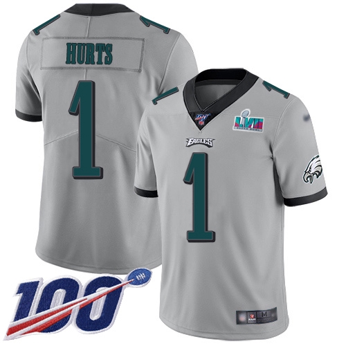 Eagles #1 Jalen Hurts Silver Super Bowl LVII Patch Men's Stitched Limited Inverted Legend 100th Season Jersey cheap jerseys for sale - CheapJerseys.Shop