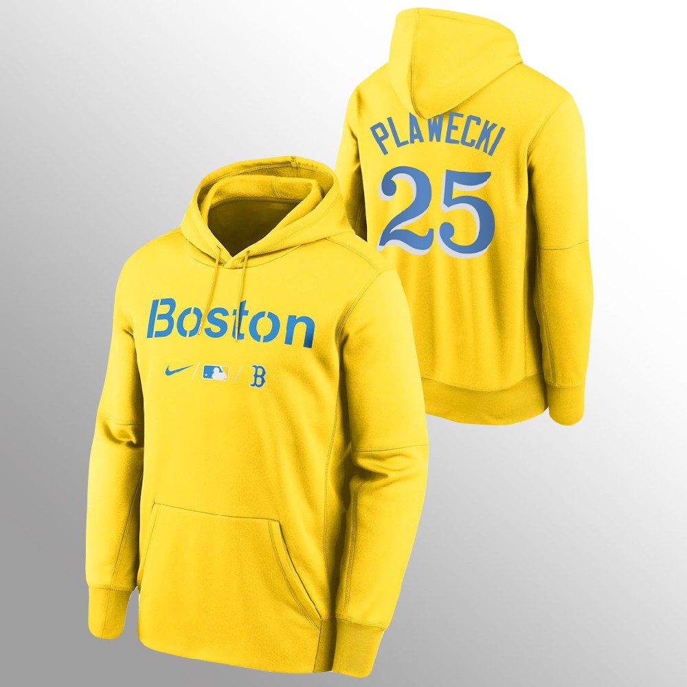 Boston Red Sox #25 Kevin Plawecki Men's 2021 City Connect Gold Pullover Baseball Hoodie cheap jerseys for sale - CheapJerseys.Shop