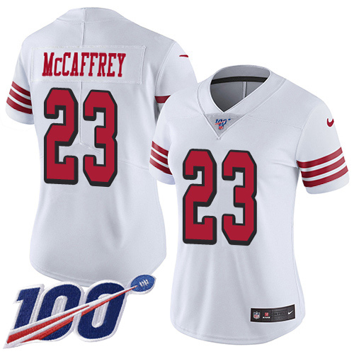 49ers #23 Christian McCaffrey White Rush Women's Stitched Limited 100th Season Jersey cheap jerseys for sale - CheapJerseys.Shop