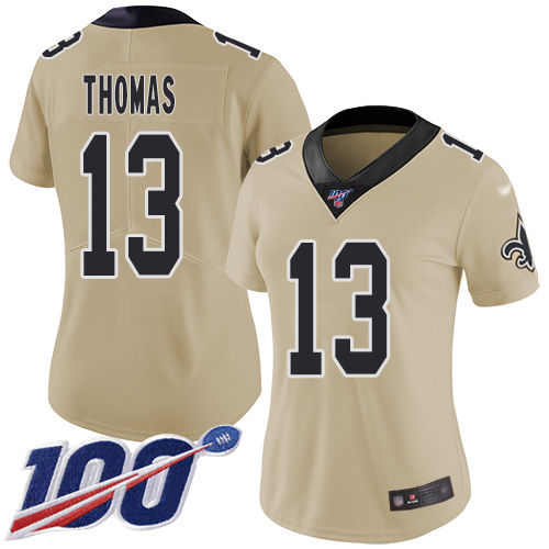 Saints #13 Michael Thomas Gold Women's Stitched Limited Inverted Legend 100th Season Jersey cheap jerseys for sale - CheapJerseys.Shop
