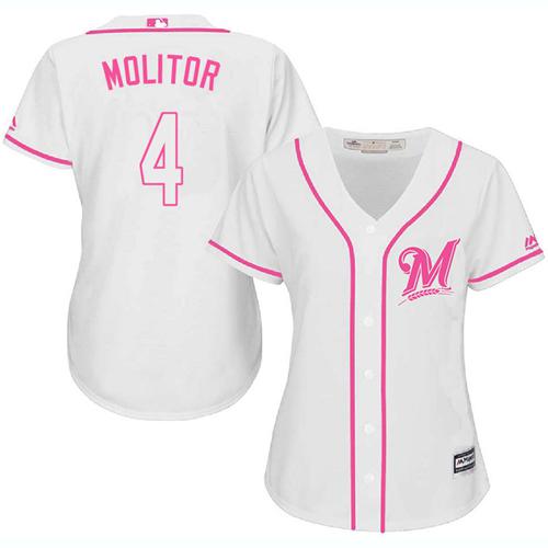Milwaukee Brewers #4 Paul Molitor White/Pink Fashion Women's Stitched Jersey Womens cheap jerseys for sale - CheapJerseys.Shop
