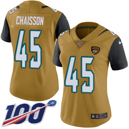 Jacksonville Jaguars #45 K'Lavon Chaisson Gold Women's Stitched Limited Rush 100th Season Jersey Womens cheap jerseys for sale - CheapJerseys.Shop