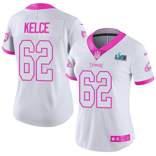 Eagles #62 Jason Kelce White/Pink Super Bowl LVII Patch Women's Stitched Limited Rush Fashion Jersey cheap jerseys for sale - CheapJerseys.Shop