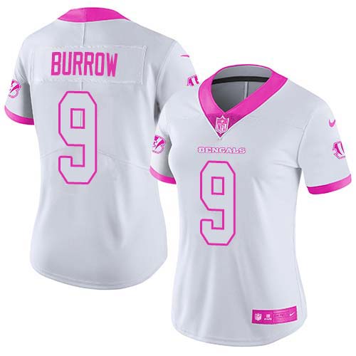 Bengals #9 Joe Burrow White/Pink Women's Stitched Limited Rush Fashion Jersey cheap jerseys for sale - CheapJerseys.Shop