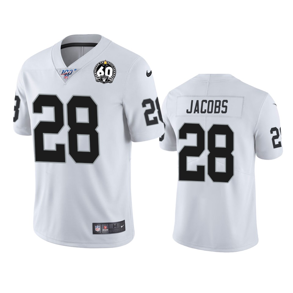 Raiders #28 Josh Jacobs White 60th Anniversary Vapor Limited Stitched 100th Season Jersey cheap jerseys for sale - CheapJerseys.Shop