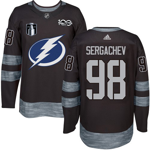 Tampa Bay Lightning #98 Mikhail Sergachev Black 2022 Stanley Cup Final Patch 100th Anniversary Stitched Jersey Men's cheap jerseys for sale - CheapJerseys.Shop