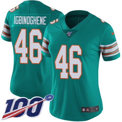 Miami Dolphins #46 Noah Igbinoghene Aqua Green Alternate Women's Stitched 100th Season Vapor Untouchable Limited Jersey Womens cheap jerseys for sale - CheapJerseys.Shop