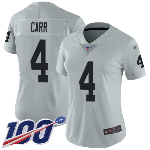Raiders #4 Derek Carr Silver Women's Stitched Limited Inverted Legend 100th Season Jersey cheap jerseys for sale - CheapJerseys.Shop