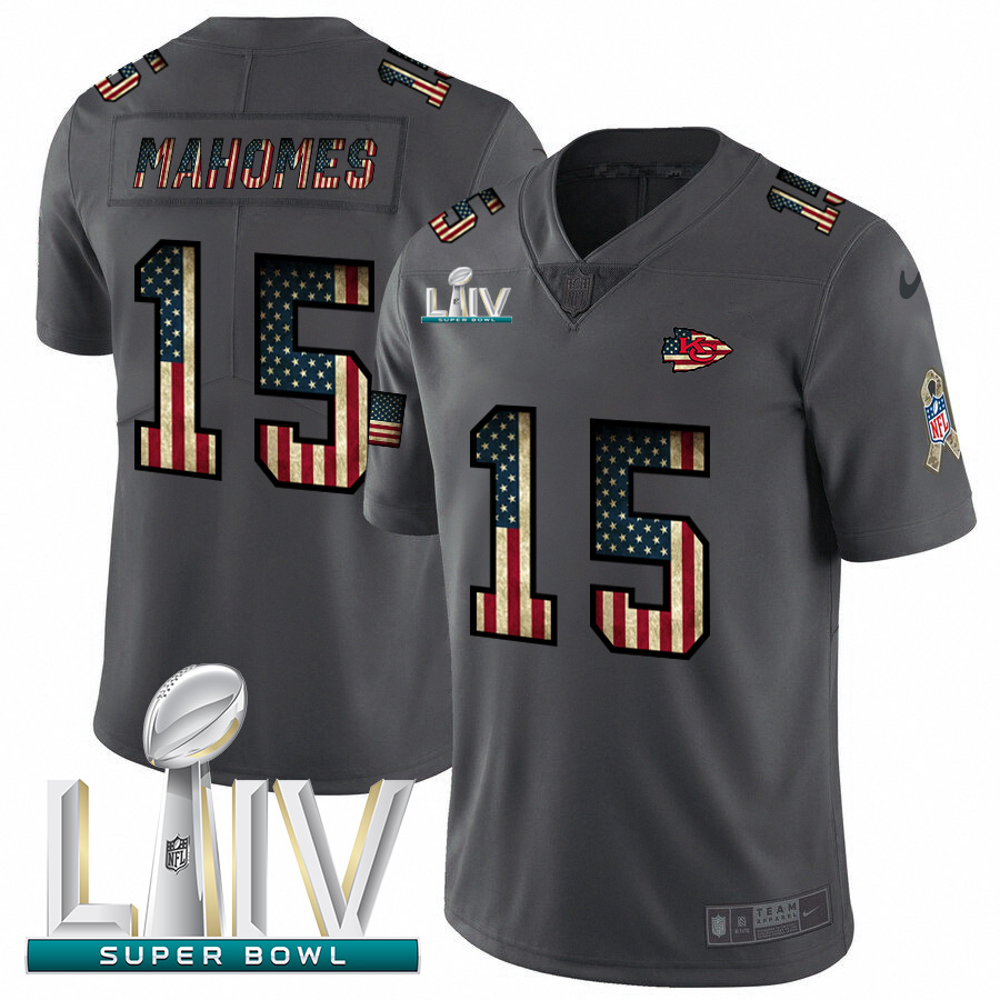 Kansas City Chiefs #15 Patrick Mahomes Black Super Bowl LIV 2020 2018 Salute To Service Retro USA Flag Limited Jersey cheap jerseys for sale - CheapJerseys.Shop