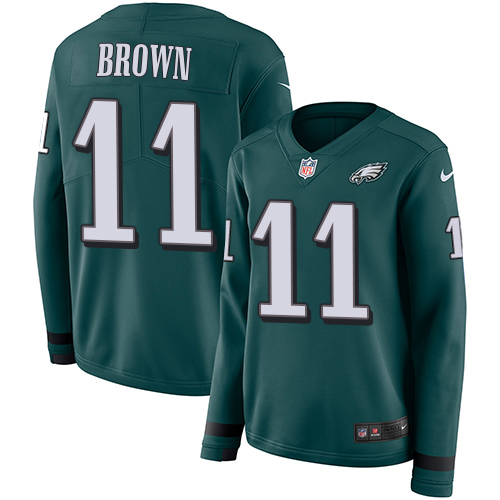 Eagles #11 A.J. Brown Green Team Color Women's Stitched Limited Therma Long Sleeve Jersey cheap jerseys for sale - CheapJerseys.Shop