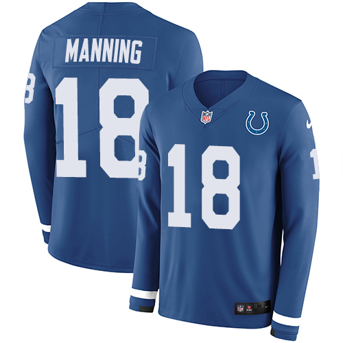 Indianapolis Colts #18 Peyton Manning Royal Blue Team Color Men's Stitched Limited Therma Long Sleeve Jersey Men's cheap jerseys for sale - CheapJerseys.Shop