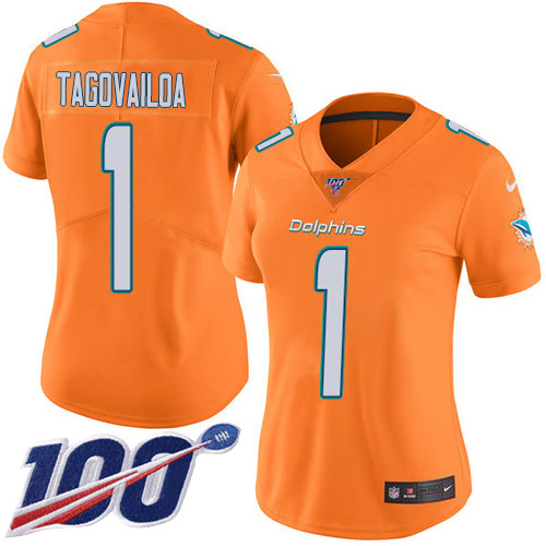 Dolphins #1 Tua Tagovailoa Orangen Women's Stitched Limited Rush 100th Season Jersey cheap jerseys for sale - CheapJerseys.Shop