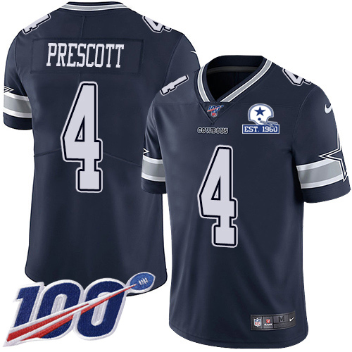 Cowboys #4 Dak Prescott Navy Blue Team Color Men's Stitched With Established In 1960 Patch 100th Season Vapor Untouchable Limited Jersey cheap jerseys for sale - CheapJerseys.Shop