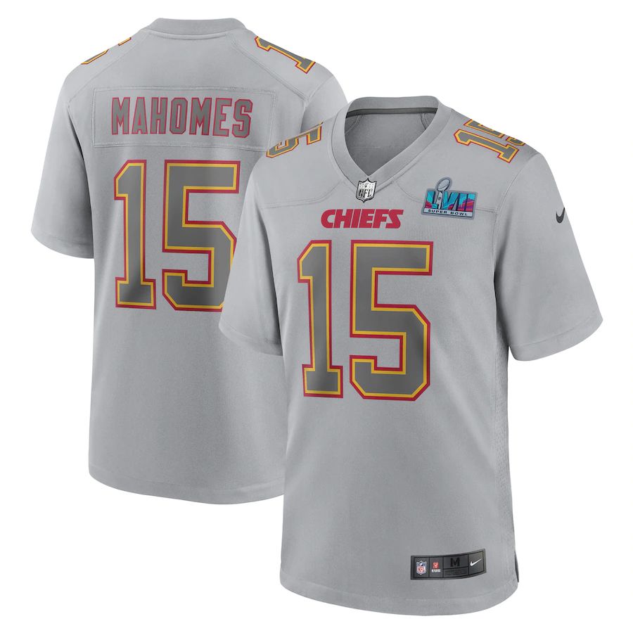 Chiefs #15 Patrick Mahomes Youth Super Bowl LVII Patch Atmosphere Fashion Game Jersey - Gray cheap jerseys for sale - CheapJerseys.Shop