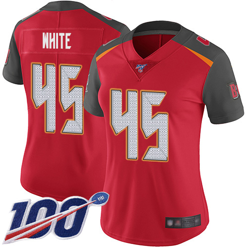 Buccaneers #45 Devin White Red Team Color Women's Stitched 100th Season Vapor Limited Jersey cheap jerseys for sale - CheapJerseys.Shop